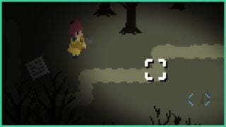 The main pixelated character from Midnight Mansion as she stands in the midst of the forest with a pathway laid out in front of her, she holds a weapon in her hands.