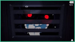 The monster from Chunky JUMP! peering through the vent. It has red glowing eyes and a wide mouth with large teeth.