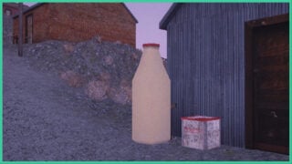 A milk bottle with decrepit brick and metal buildings in the background in the quiet town of Thunderhead. 
