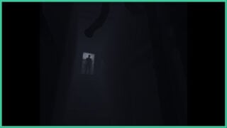 A shadowy figure stands in an open doorway at the top of a set of stairs, with the rest of the room being shrouded in darkness and metal pipes above in Cold City.