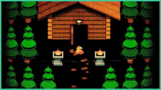 A pixelated arcade-style game within Benny Bash with a character walking down a pathway to a wooden cabin that has a skull above the door, surrounded by forest trees.