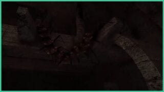 The centipede-like creature in Idols of Ash as it crawls across a structure close to the ceiling in the depths.