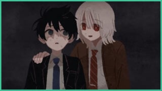Haru and Shion from Saihate Station as Haru looks scared and sweats as he looks at Shion, who has his arm around his shoulder.