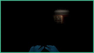 The hands of the main character at the bottom as the screen is mostly dark, with the flashlight shining on a bookcase at the back of the room.