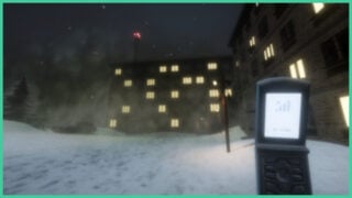 A POV of the player holding a flip phone to the right as they walk through a snow covered town at night in OFFLINE.