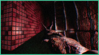 The player's view as they aim their gun at a red tiled wall, shadows in the distance, with a metal gate to the right in PULCRA.