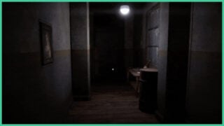A dark hallway in DreadVault inside a house, with a painting on the wall to the left, and a metal barrel to the right by a wooden table in front of a window, lit by a small lightbulb.