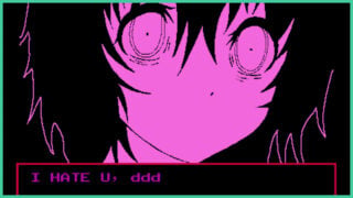 An anime girl drawn in hot pink with a dialogue box at the bottom that says 'I hate U' in Voices Blaming Blood and She.