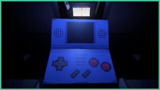 The main character holding a handheld console that resembles a Nintendo DS whilst sitting in the backseat of a car in The Deadseat.