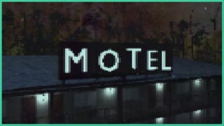 The motel building in Vacant, covered in a VHS-style filter. There are small lights next to each door and the silhouettes of trees in the background.