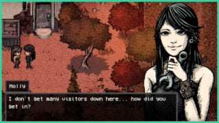 A dialogue box between the player and Molly from Welcome to Elderfield, with pixel graphics as they stand outside a building by some autumnal trees, with a character portrait of Molly to the right, in a similar art style to Junji Ito as she holds a spanner and smiles.