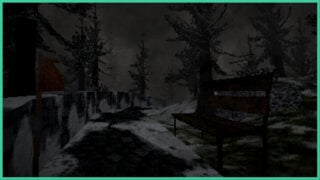 An empty bench surrounded by trees in a dark forest, covered in snow, with mist shrouding the background in Project Arktik.