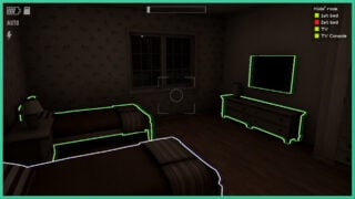 A bedroom in FLASH AND DIE, with the checklist of which items must be in the photo to the right, and the camera settings on the left. There are highlights around the required items for the photo. 