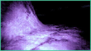 An example of the grainy photos you can take as a rover in MOONROT. It shows uneven terrain, lit up slightly, but with a dark pit of darkness in the distance.