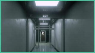A liminal corridor in Liftwell with bright white lights above and a doorway that leads to an elevator.