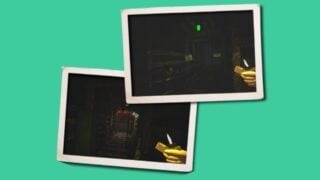 Two photographs of the inside of the mine in BURIED BELOW. With only a small lighter to provide a semblance of light, you can see a track for mine carts and dark tunnels.