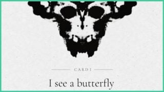 An inkblot in the shape of a butterfly, with "I See a Butterfly" written below.