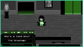 The main character from Pajama Girl as she stands in the quiet museum whilst holding a cassette player. 
