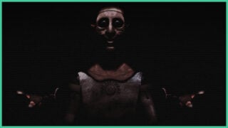 The creepy metal robot from The Prototype with wide eyes and an unsettling smile as it holds its hands out.
