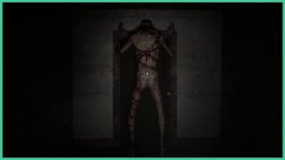 A monster from I Am Not Alone as it places it's hands at the top of a door frame and faces the wall above with its back to the player. The doorway leads to a dark corridor.