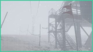 Antarctica in Fear the Flesh. A snow storm occurs at the remote base, shrouding most of the environment in mist. There are metal stairs to the right leading to platforms. 