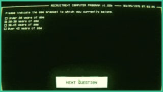 A retro PC screen with green text, showcasing a question from the game, Application Form, which asks for the player's age bracket. 