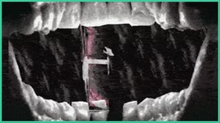 A close up from the inside of someone's mouth, with rows of teeth at the top and bottom with a small hand representing the player's cursor in Almost Plastic, Not Even Real.