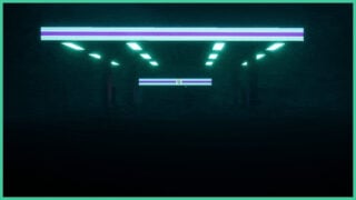 A drive thru store in Is Guilty. The neon lights shine through in the night sky.