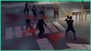 A character shooting at zombies in the middle of a foggy street in Flesh Made Fear.