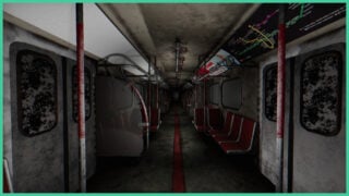 An empty and dark subway train in Subsurface. 