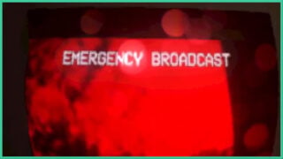 The emergency broadcast screen from They Looked Like Us, which is a red screen with white text over it.