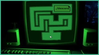 A PC with a keyboard as a green maze appears on the screen with the end goal being a button that says 'descend'. There is a window to the right in Dreader, which shows tree branches and dark clouds.