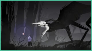Vale and the floating skull, Echo, as they stand in the forest in Vale's Echo, as a giant creature with long limbs and a skull for a head opens its mouth wide, showing its teeth.