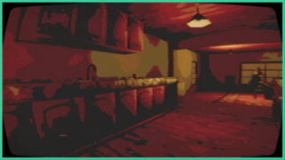 A gritty and blurry screenshot from Wret as the player walks through a kitchen as a strange being with a skull for a head sits in the main living space.