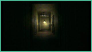 A dark hallway in Not Like Them with a small light at the end, with closed doors on either side.