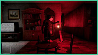 The main character in A Twisted Place facing the right side of a room whilst holding a glowing red lantern. There is a tall and creepy figure in the hallway.