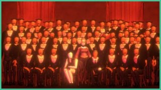 A group photograph of faceless puppets, in Butler Guillotine, with the vast majority of them looking identical and those in the middle dressed differently.