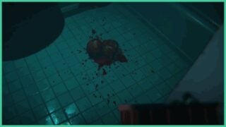A tiled floor with 2 strange fleshy objects that are coated in blood in Still Residue. They look as if they have been dropped on the ground due to the blood splatter.
