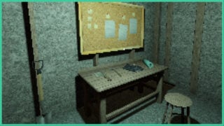 A workbench with various tools and a cork board above in The Butcher.