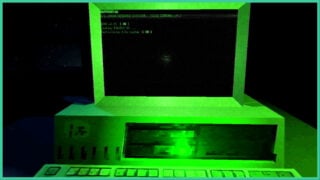A retro desktop, highlighted in a bright green light. There is a terminal on the screen in Polaris.
