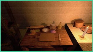 A wooden table with a chopping board, knife, rolling pin and different ingredients such as flour and vegetables in Starred Cuisine.