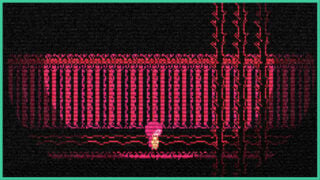 One of the short stories in Grotesqueresque as a pixel sprite walks by a red wall, with what looks like spikey metal beams ahead.