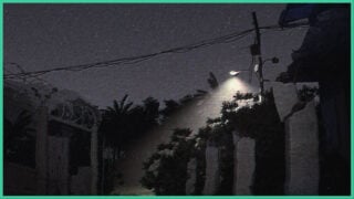 A barbed wire fence with dark silhouettes of trees as a streetlamp shines a light in a small area, with stars in the sky in End of the Night. The game features a a VHS-style filter.