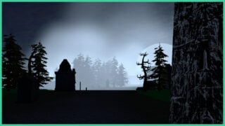 The village of Mochnor shrouded in darkness in The Haunting of Mochnor, with the silhouettes of trees and a giant moon on the horizon in the distance admist the mist.