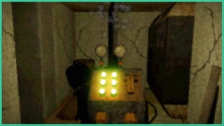 The bunker in Overburden, with gritty graphics. There's a machine with green lights and a box on the wall.