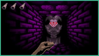Purple walls made of stone in Circeon, as a monster in the shape of a skull approaches the player as they hold a match box.
