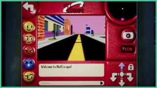 A screenshot of the PC screen in NetEscape, which displays an MMO where the player is wandering down an empty street, with text in the chat box that reads 'Welcome to NetEscape'! 