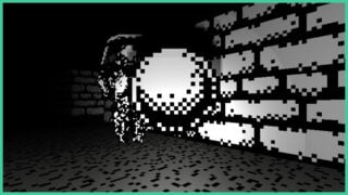 A black and white pixel horror, Don't Forget, with a monster standing by a wall as a floating orb hovers in front of it.