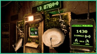 Machinery with satellite dishes attached, overtaken by plants in Signal Garden. There is a flip phone in the foreground with green text and details.
