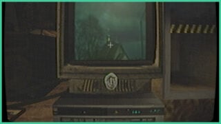 The old TV and VHS player from the game, Channel 64. There is a video playing on the TV, showing the top of a building and a dark, cloudy sky.
